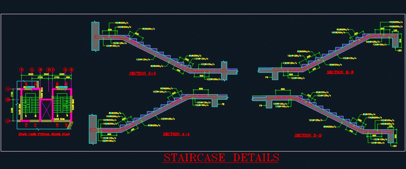 Structural R.C.C. Staircase DWG- Waist Slab & Bar Specifications